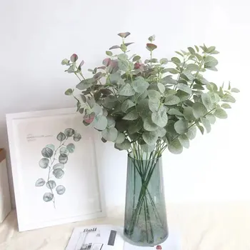 1pc Eukalipto pinigų palieka Filialas žali lapai Šilko Dirbtinės gėlės, Namų Puošimas Vestuvių Augalai Dirbtiniais Audinio Lapai 34cm