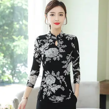 2022 gėlių spausdinti nacionalinės akių marškinėliai moterims derliaus elegantiškas tradicinių hanfu viršūnes kinijos tang kostiumas ilgomis rankovėmis qipao marškinėliai