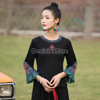 2023 kinų tradicinė gėlių siuvinėjimas palaidinė nacionalinės cheongsam marškinėliai qipao elegantiškas rytietišką tango kostiumas kinijos retro palaidinė