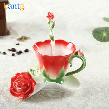 3D Rose Emalio Kavos Puodelis Arbatos Puodelio Pieno Rinkinys Su Šaukštu ir Lėkštė Kūrybinės Keramikos Europos Kaulų Kinija Drinkware Santuokos Dovana