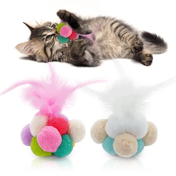 3Pcs Funny Cat Žaislų Mados Kūrybos Mielas Pliušinis Kamuolys Dirbtiniais Plunksnų Bell Katė Kramtyti Žaislas Augintiniui Žaislas Katė Prekes