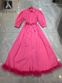 AELESEEN Dizainerio Mados Moterų Suknelė 2022 M. Rudenį Žibintų Rankovės Kietas Violetinės Baltas Juodas Klostuotas Diržo Plunksnų Šalis Ilgai
