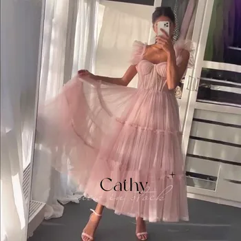Cathy Paprasta Rožinė Trumpas Prom Dresses Spagečiai Dirželiai Pakopų Tiulio Prom Chalatai Susiduria Iškaulinėjimas Šalis Suknelės Vestidos De Fiesta
