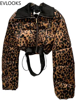 EVLOOKS Mados Leopardas Spausdinti Medvilnė Paminkštinimas Striukė Moterų ilgomis Rankovėmis, Šiltas Medvilnės Drabužius Trumpas Kailis Žiemą 11P024