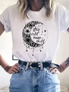 Grafinis T-shirt Mėnulis Gėlių Gėlių Tendencija Spausdinti Marškinėliai trumpomis Rankovėmis Moterims Vasaros Drabužių Kawaii Mados Pagrindinio Drabužių Tee Viršų