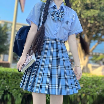 Japonijos Merginos Vasarą trumpomis Rankovėmis Mėlyna Palaidinė Pledas Sijonai JK Mokykloje Vienodo Aukšto Juosmens-line Plisuotas Sijonas Moterų Suknelė