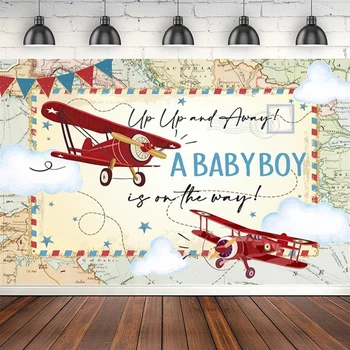 Laukia Baby Shower Fotografijos Fonas Lėktuvo Pasaulio Žemėlapyje Naujagimio 1-ojo Gimtadienio Plakatas Fone Studija Dekoras Reklama