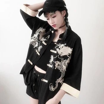 Moterų Kinijos Palaidinė Pagerėjo Hanfu Siuvinėjimo Viršūnes Megztinis Marškinėliai Tang Dinastijos Striukė Vintage Drabužių Ponios Juoda Studentų Kailis