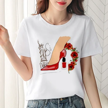 Naujas moterų Laisvalaikio Marškinėlius Harajuku Seksualus kojų Aukšti kulniukai Spausdinti O-kaklo T-Shirt korėjos Streetwear balti trumpomis rankovėmis moterų marškinėliai