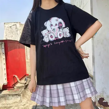 Negabaritinių Triušis T Shirt Juoda Animacinių Filmų Moterų Punk Viršūnes Trumpas Rankovės Mados Vasaros Juokinga Japonija T-Shirt Mergina Hip-Hop Drabužiai