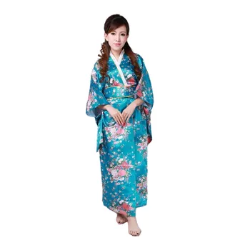 Nemokamas Pristatymas ! Ežero mėlyna Japonijos Moterų Šilko Satino Kimono Yukata vakarinę Suknelę Gėlių Vienas Dydis H0044-A
