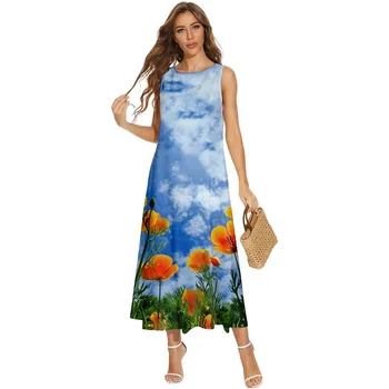 Pavasario Vasaros Gėlių Raštas Spausdinti Moterų Paplūdimio Ilga Suknelė Be Rankovių Kišenės Suknelė Drabužių Atostogų Vestido