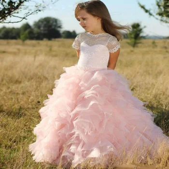 Pink Gėlių mergaičių Suknelės Vaikams Inscenizacija Nėrinių aplikacija Sluoksniavimasis Suknelė Mergaitėms Vestuvėms Pirmos Komunijos Suknelės