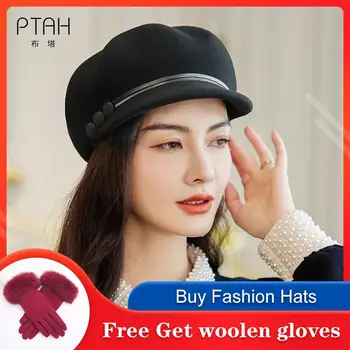 [PTAH] Žiemos Vilnonių Skrybėlės Moterims Britų Vintage Stiliaus Bažnyčia Fedoras Kepurės Ponios Fascinator Skrybėlės Temperamentas Džentelmenas 100% Vilna