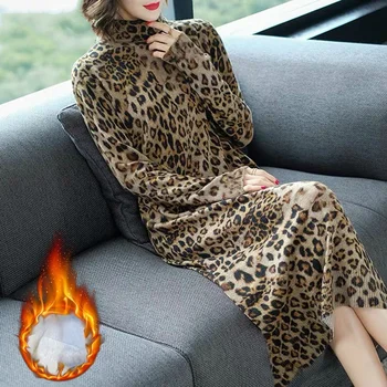 Rudens-Žiemos Mados Atsitiktinis Derliaus Leopard Megztiniai Golfo Šiltas Megztinis Suknelė 4XL Bodycon Elegantiškas Ilgas Megztinis Y532