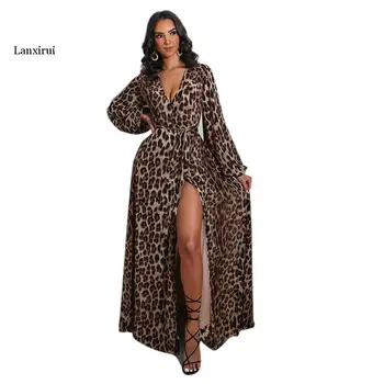 rudenį storio leopard kaklo sudurti hem seksualus šalies maxi suknelė