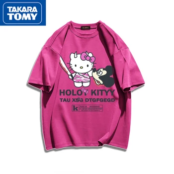 TAKARA TOMY Vasaros Juokinga Hello Kitty Animacinių filmų Spausdinti Medvilnės trumparankoviai marškinėliai Prarasti Minkštas ir Patogus Pora Viršūnės