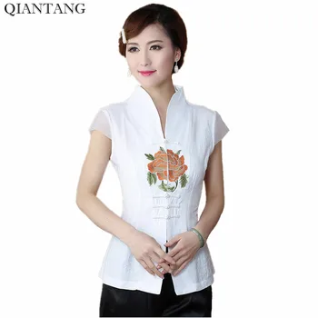 Tradicinės Kinų Stiliaus Marškinėliai Viršuje Moterų Atlasas V-Kaklo, Siuvinėjimo Palaidinė Gėlė Dydis S M L XL XXL XXXL Mujer Camisa Mnz05C