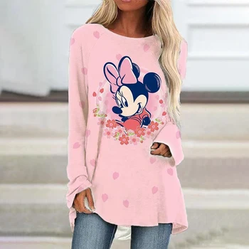 Vasaros Mielas 3D Animaciją Harajuku Streetwear Disney Mickey ir Minnie Mouse Anime Atsitiktinis ilgomis Rankovėmis Įgulos Kaklo Marškinėliai Kawaii Viršų